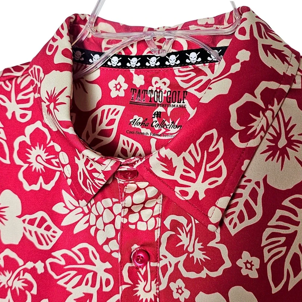 Tattoo Golf Performance Aloha Collection Pink Tropical Skull Polo Shirt Mens M